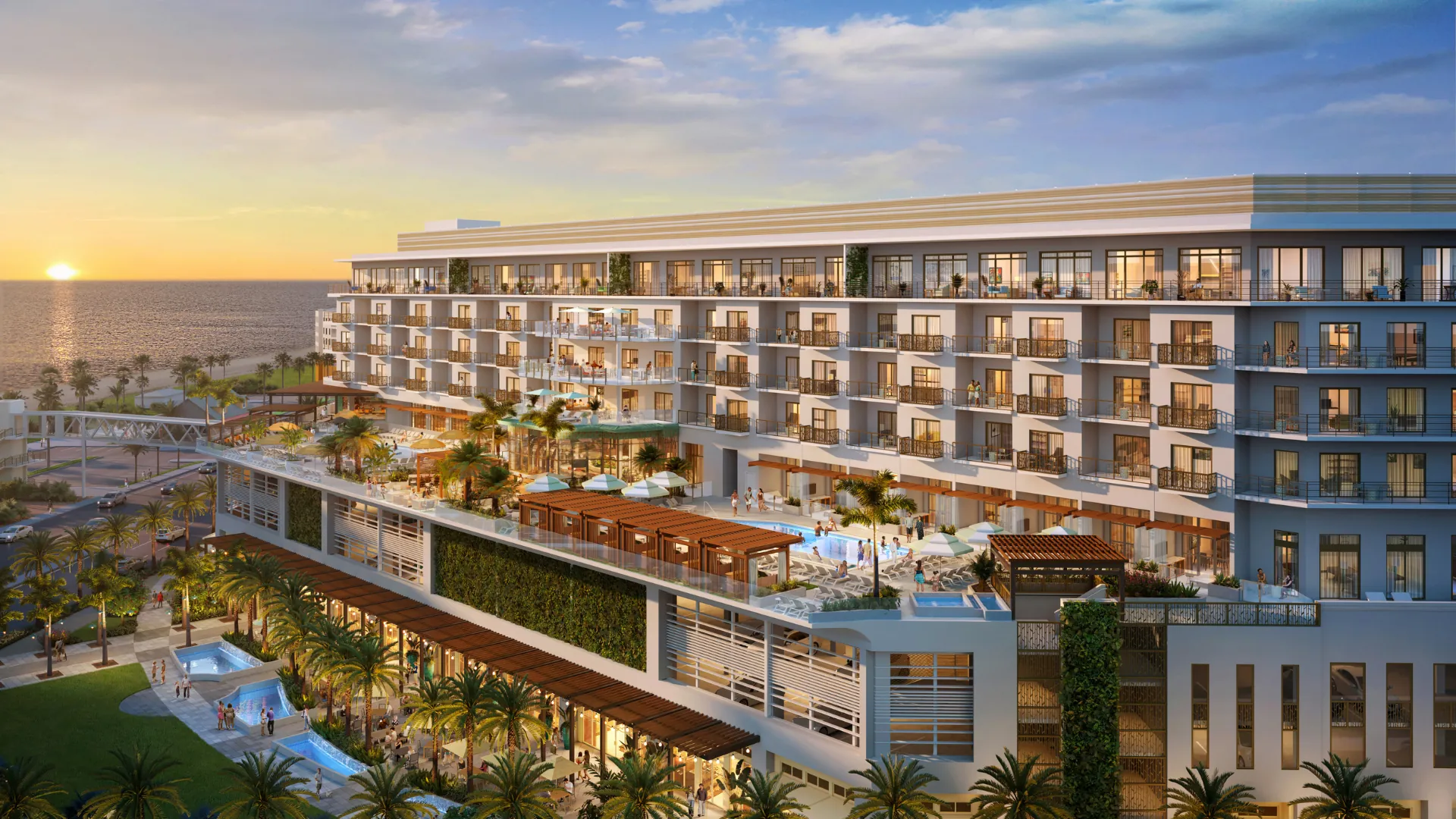 Rendering of The Beachmaker at sunset, with pools, palms and the Gulf beyond