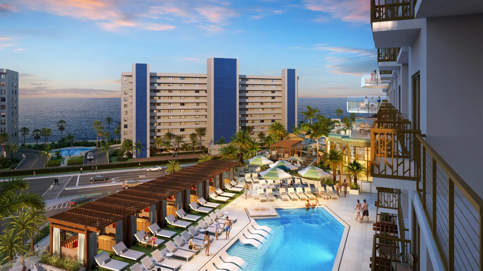 Pool deck with cabanas and loungers