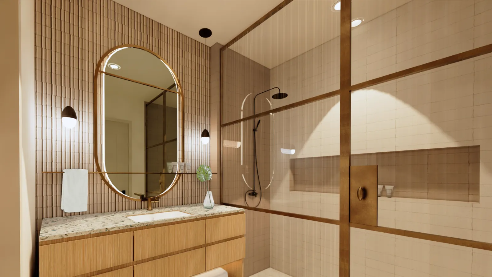 Suite bathroom with an oval mirror and a glass shower