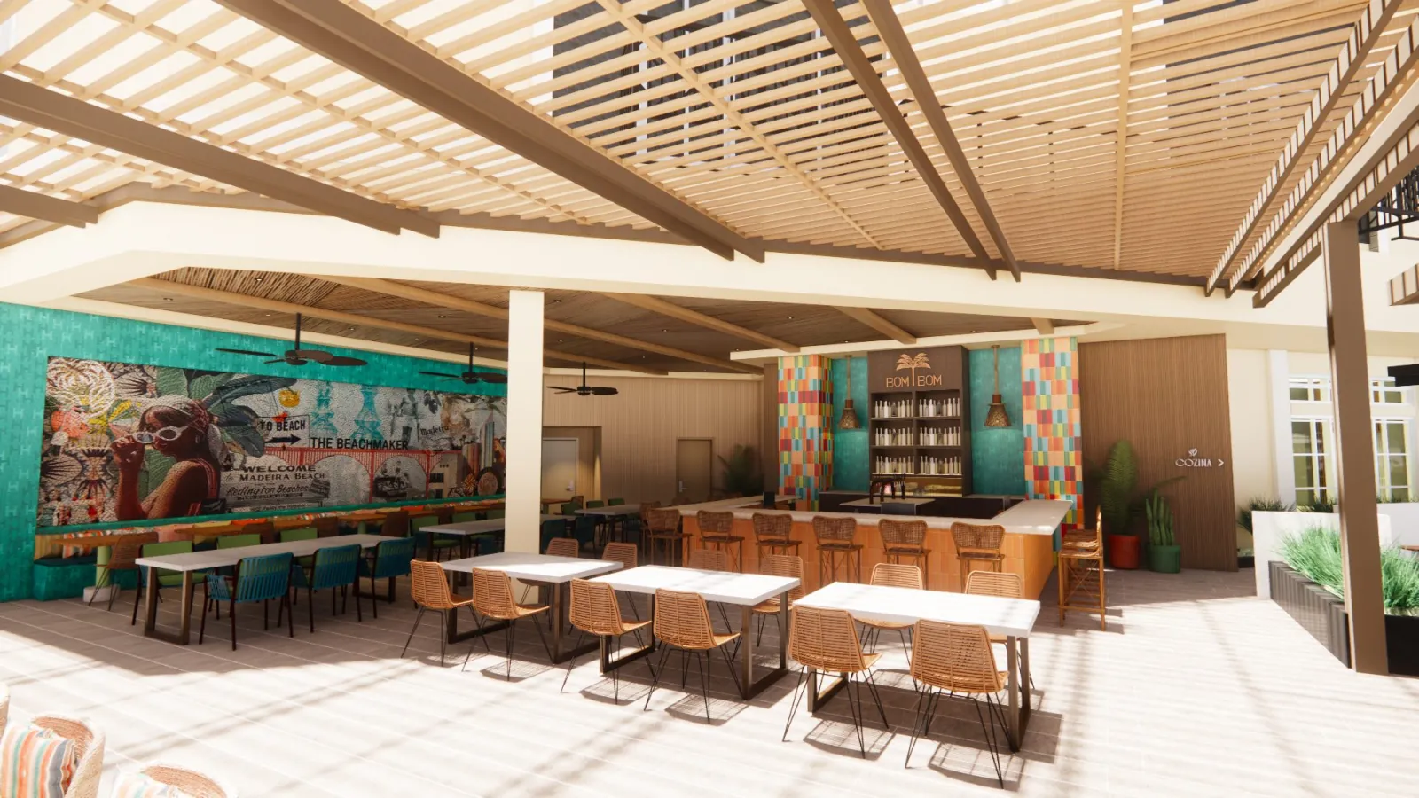 Bom Bom pool bar with a colorful mural and long communal tables