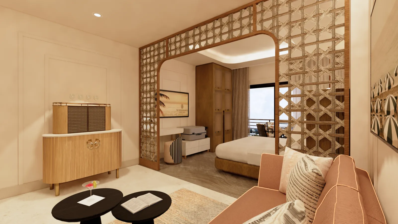 King suite with a sofa and a carved wood screen