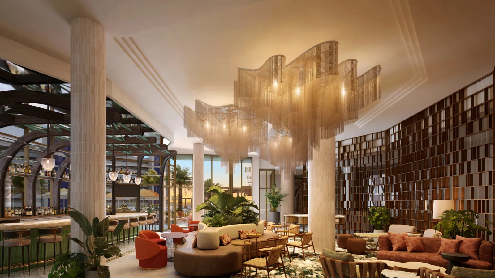 Lobby lounge with sculpted chandeliers