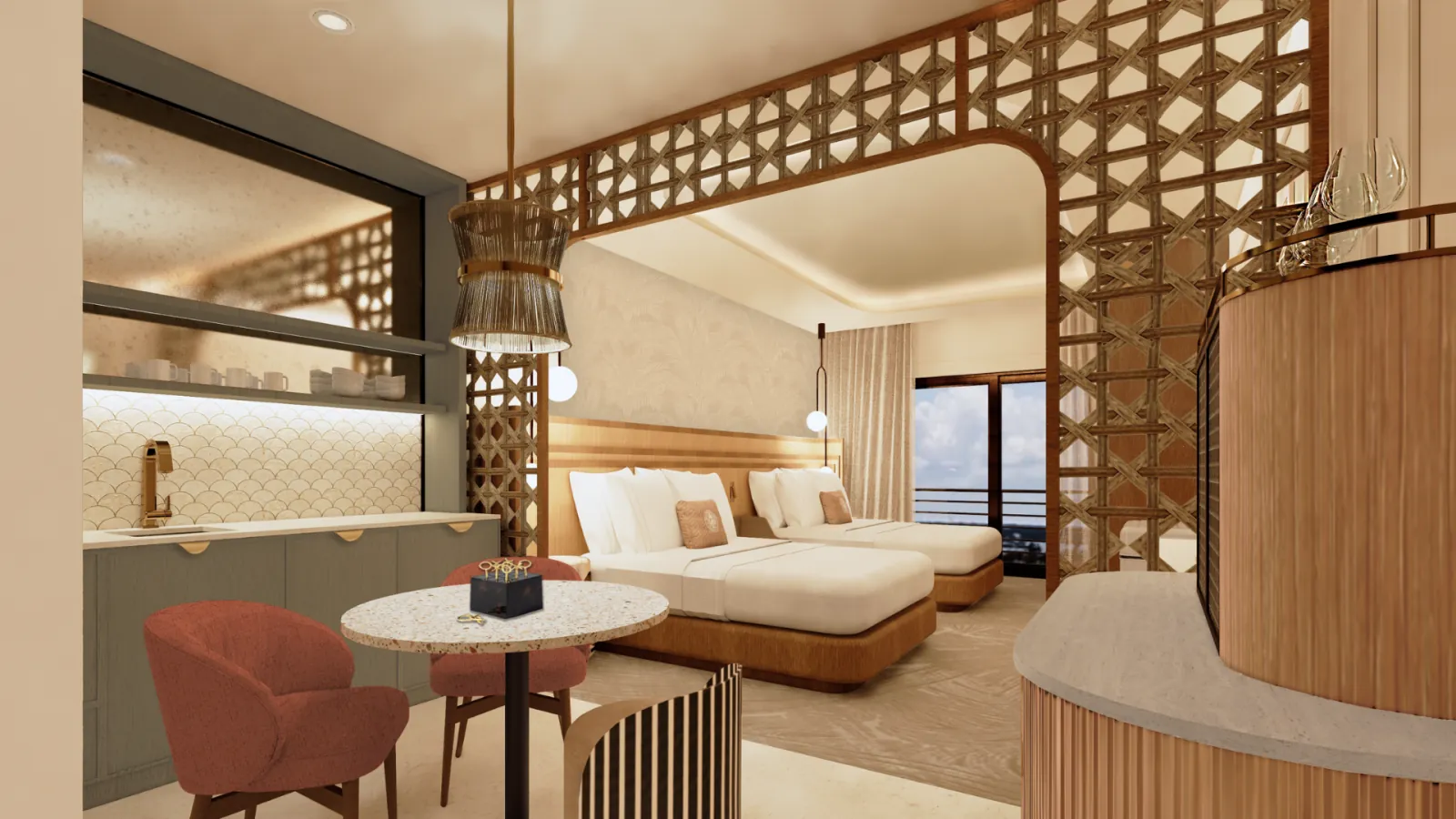 Suite with a kitchenette, dining table and two queen beds