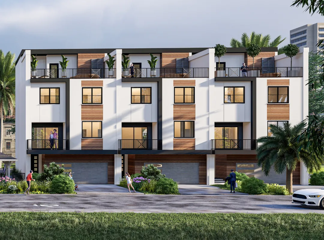 Capri Townhomes Building B, with three townhomes and rooftop decks