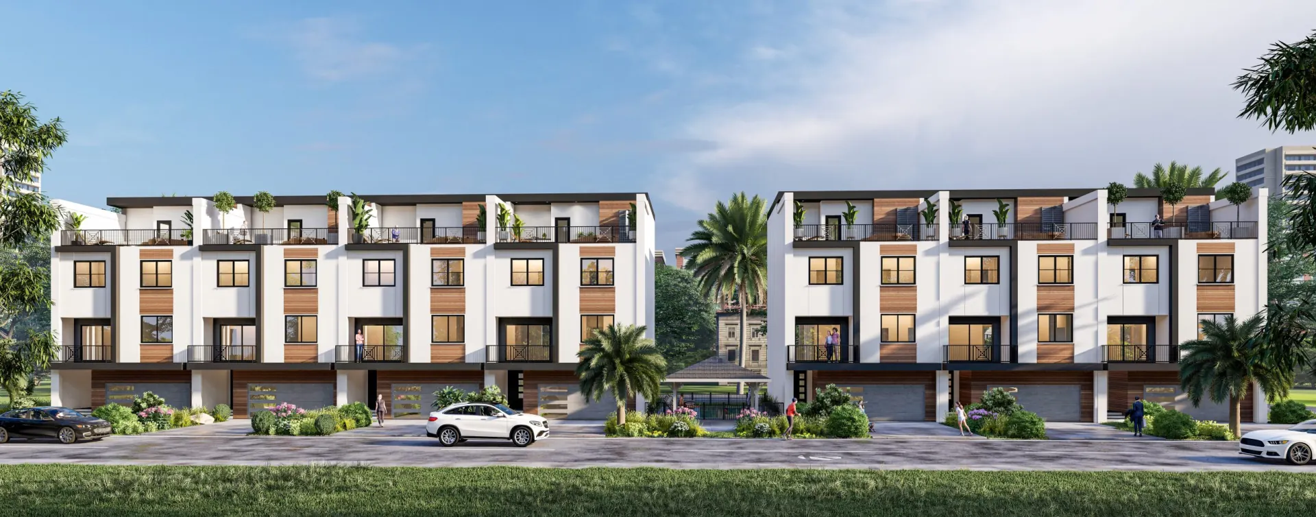 Rendering of the two Capri Townhomes buildings from the street, with rooftop decks and garages