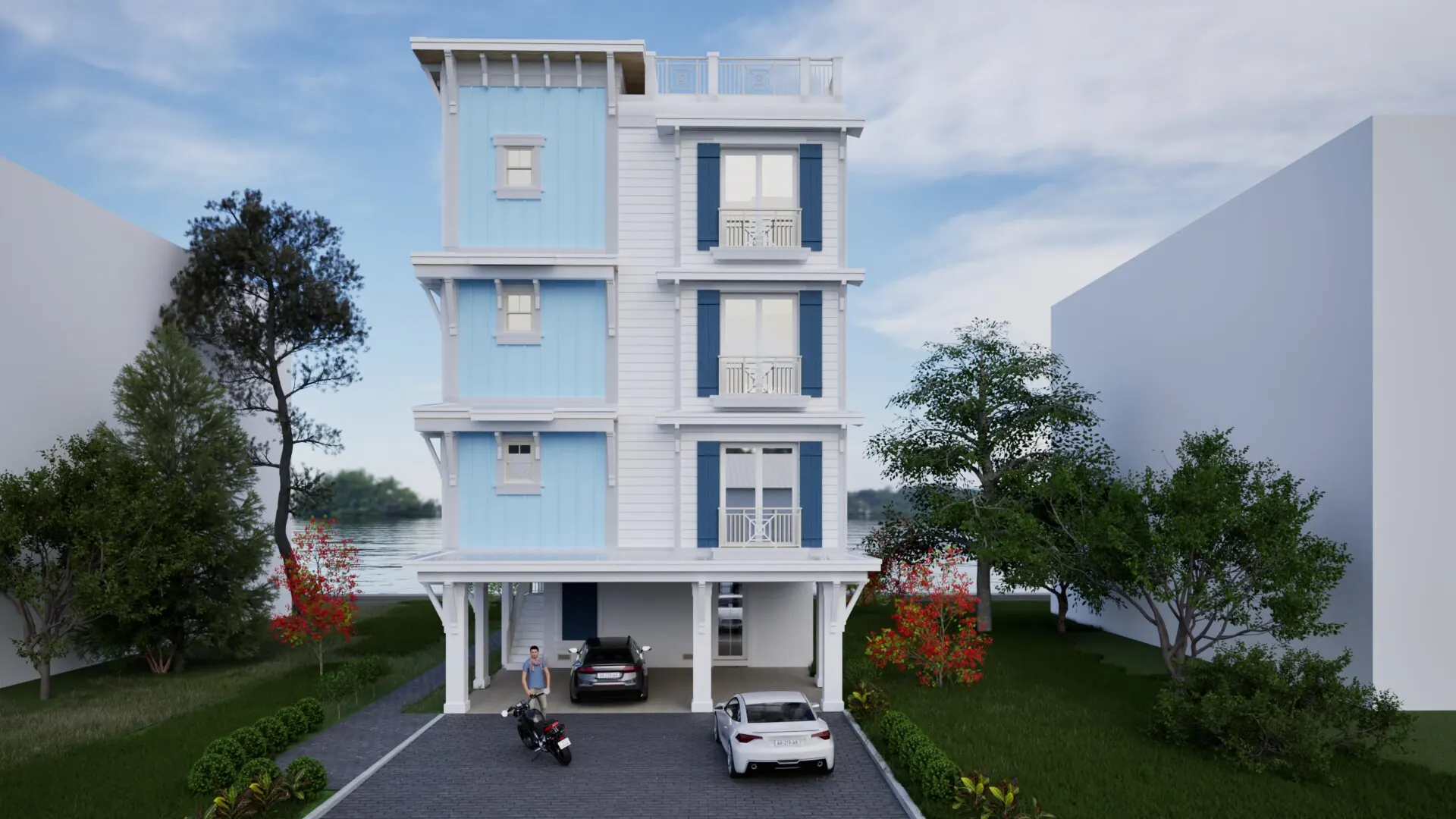 Rendering of a Pelican Lane home, four stories with a rooftop terrace