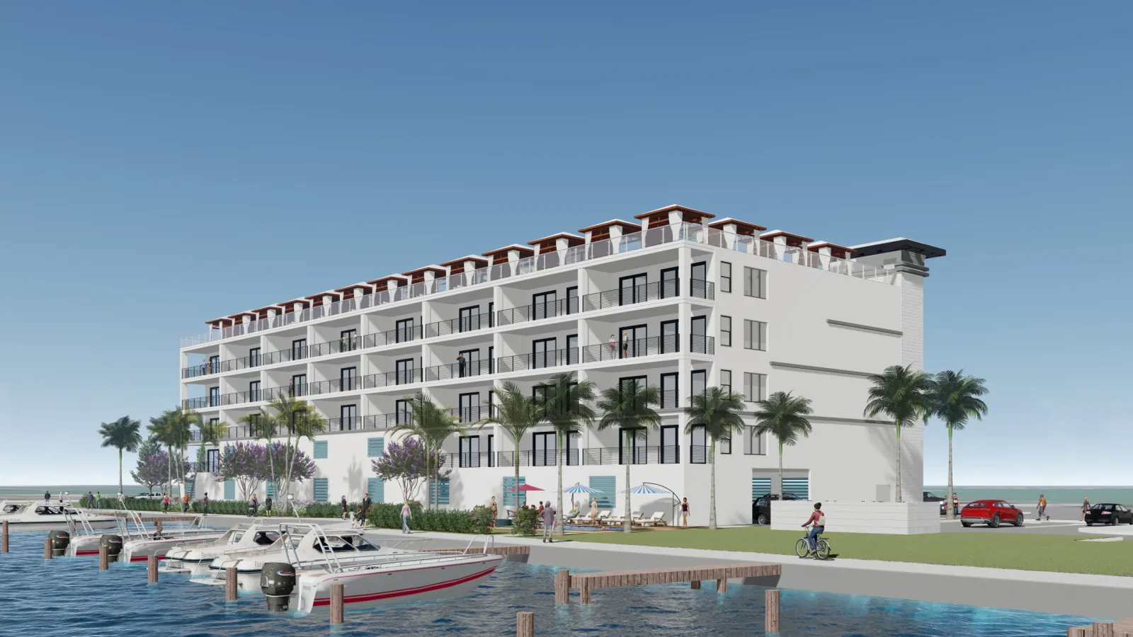 The Residences seen across the harbor, with a rooftop terrace