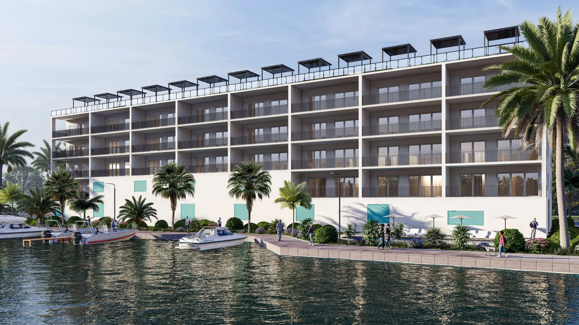 Rendering of The Residences from the harbor, with boats docked below the balconies