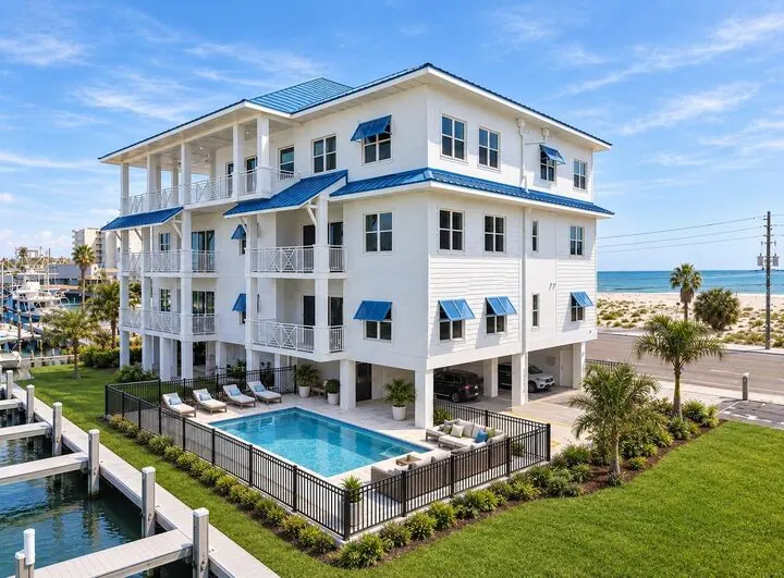 Coastal Elegance at Snug Harbor, a four-story white building with blue roofs, a pool and boat slips